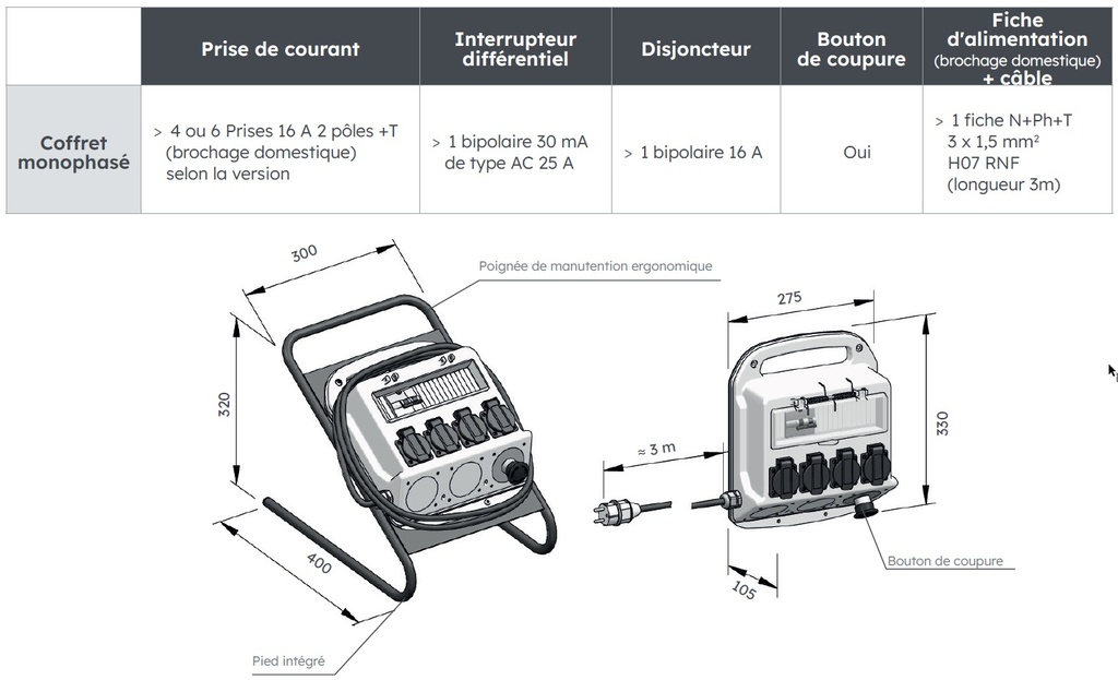 COFFRET D'ALIMENTATION MOBILE 4 MONO + PIEDS